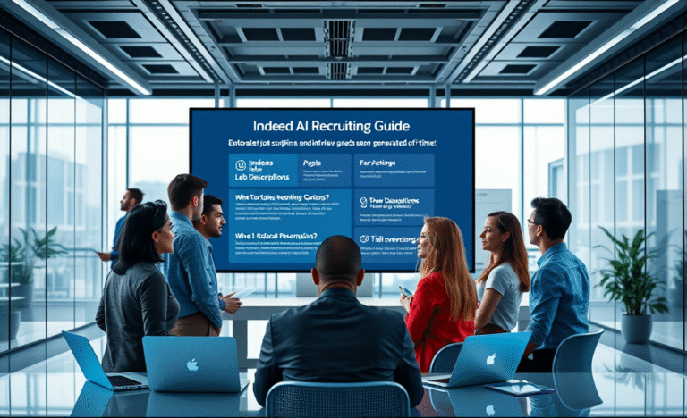 Illustration of Indeed's AI recruiting tools for creating job descriptions and interview questions.